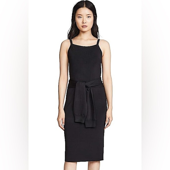 HELMUT LANG Black Tie Ribbed Sleeveless Square Neck Midi BodyCon Dress Small - Picture 1 of 11